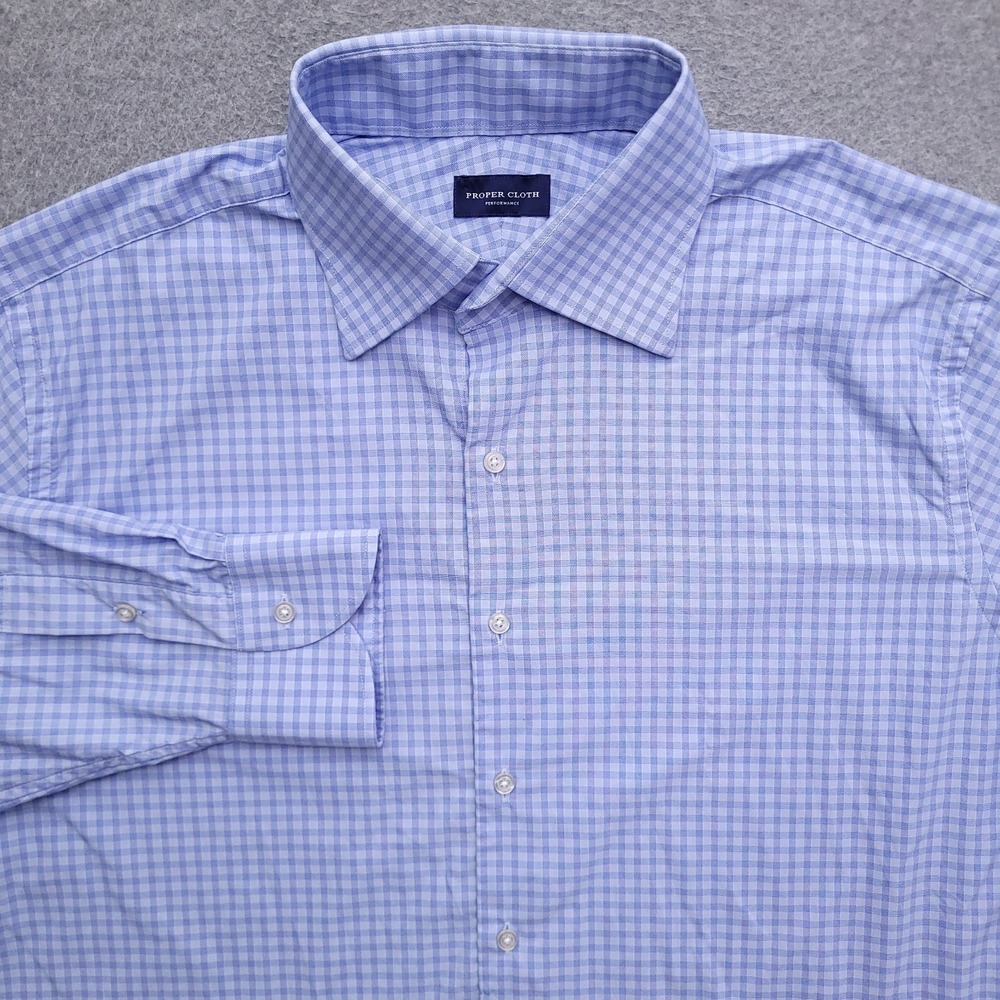 Proper Cloth Dress Shirt Mens 17 31 Performance Blue Check Corpcore Long Sleeve